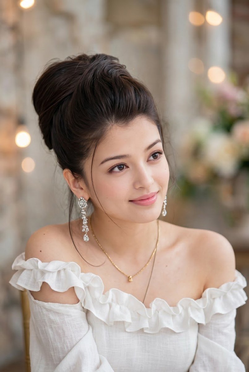 Elegant woman with French twist bun smiles in soft bokeh light