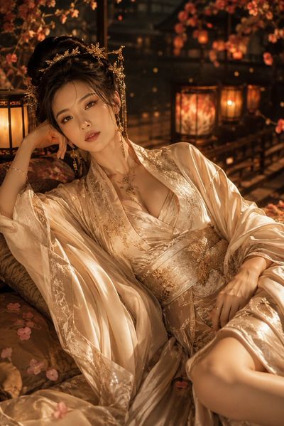 A reclining Hanfu model glows beside warm lantern light in satin