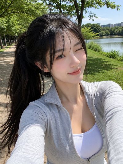 Young woman adjusts her ponytail while taking a park selfie