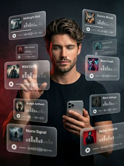 A stylish woman selects rock tracks on floating glass interface cards.