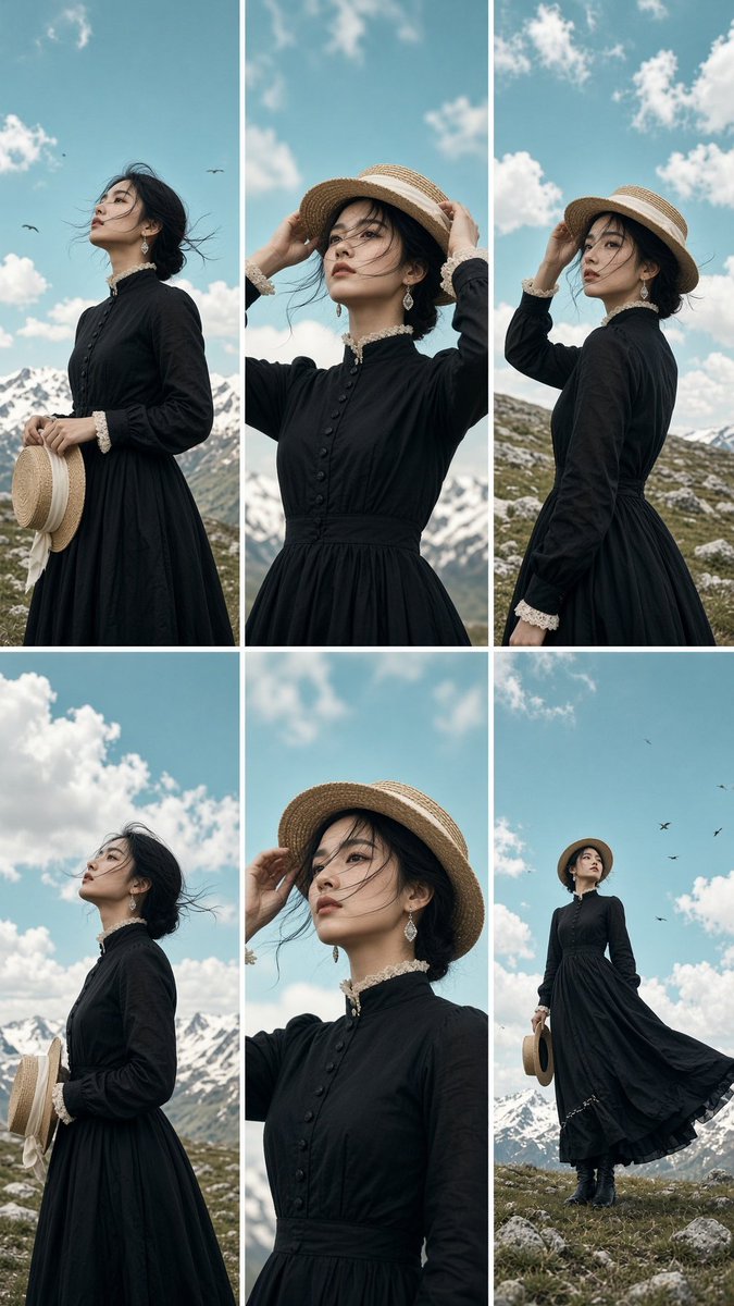 Six vertical photos show woman in black dress on plateau meadow