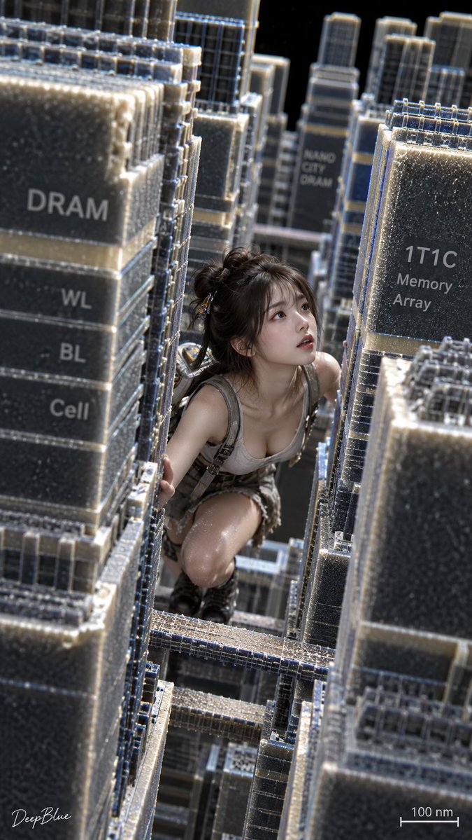 Tiny Eastern woman explores towering DRAM city under microscope