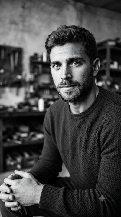 A focused craftsman contemplates his next creative move in a rustic workshop.