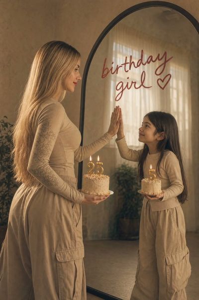 A blonde woman high-fives her childhood reflection in a mirror