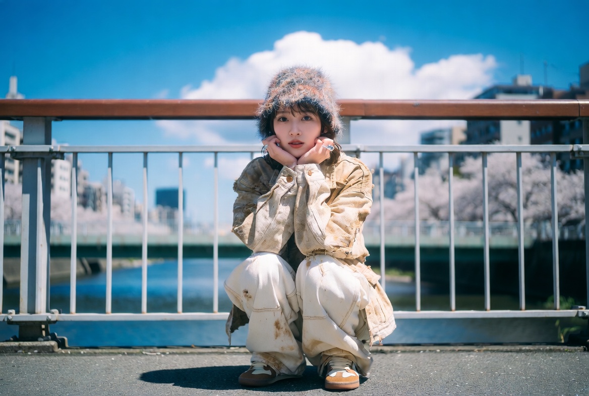 A K-pop idol squats by Meguro River under a blue sky