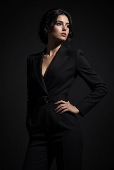 Confident Woman in Black Jumpsuit Poses Dramatically in Studio Light