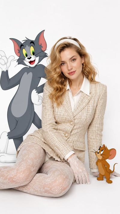 Elegant blonde woman poses with cartoon cat and mouse in studio