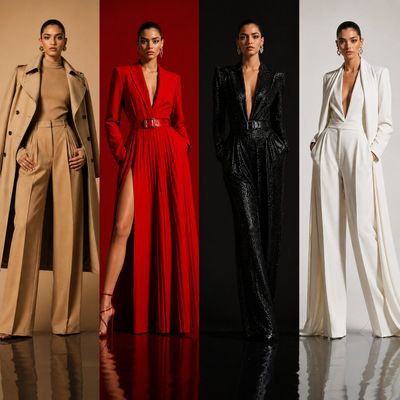 The same model poses in four distinct luxury designer outfits