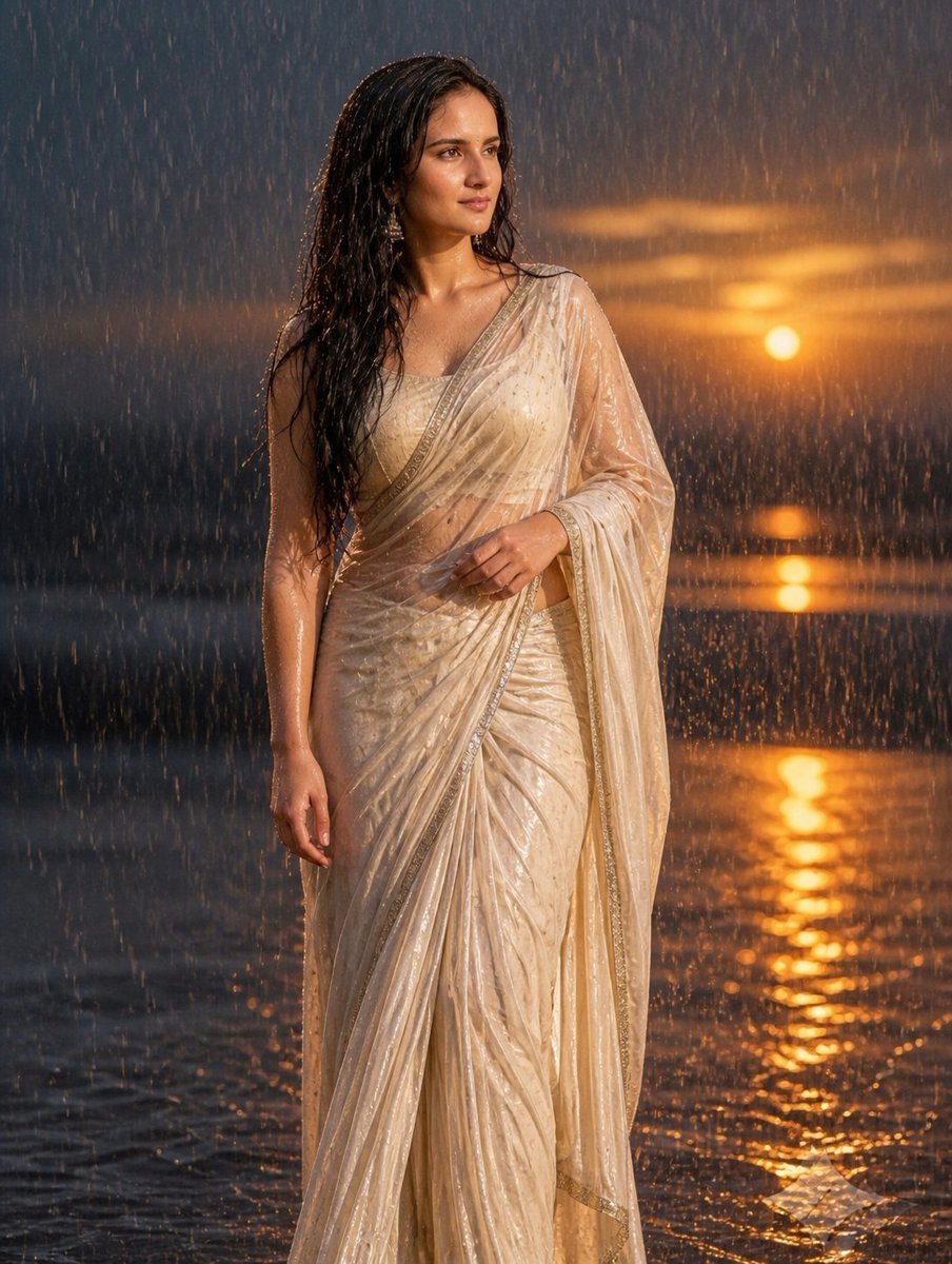Elegance in the Rain: A South Asian Beauty at Sunset