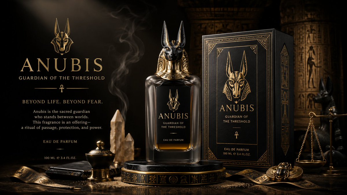 Anubis perfume bottle glows with sacred amber light in darkness