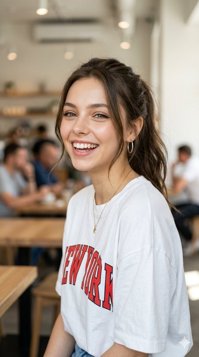 A joyful woman in white T-shirt smiles softly in blurred room