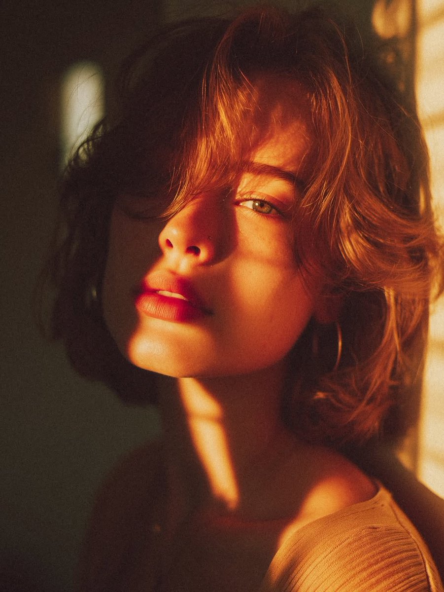 A woman with short wavy hair gazes through golden window light