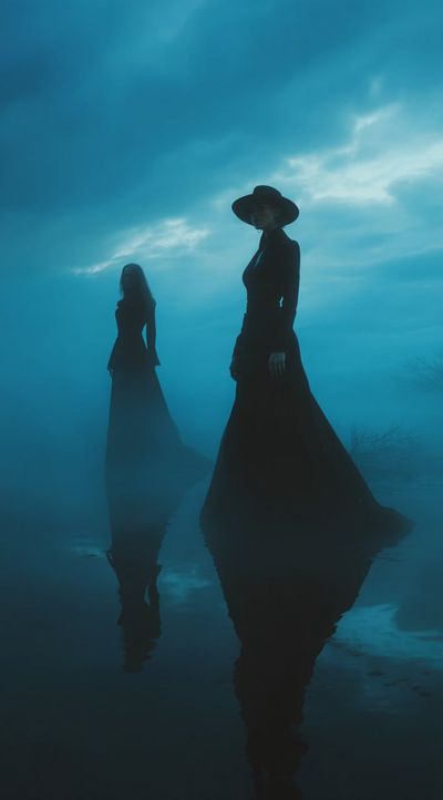 Two robed figures float above dark water in cinematic gloom