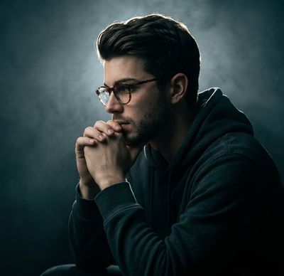 A young person in deep thought with hands clasped near face