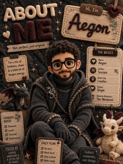 A chibi boy with curly dark hair sits with plush dragons in cozy felt style