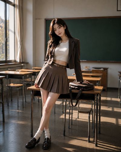 Korean student in blazer poses by desk in sunlit empty classroom