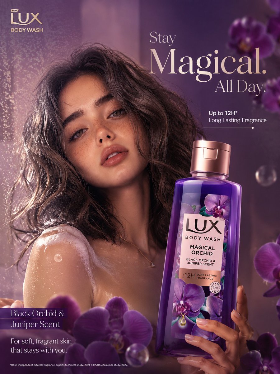 Purple orchid body wash bottle gleams beside a woman with wet dark hair
