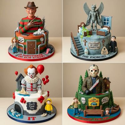 Four horror movie cakes display sculpted heroes on ribboned boards
