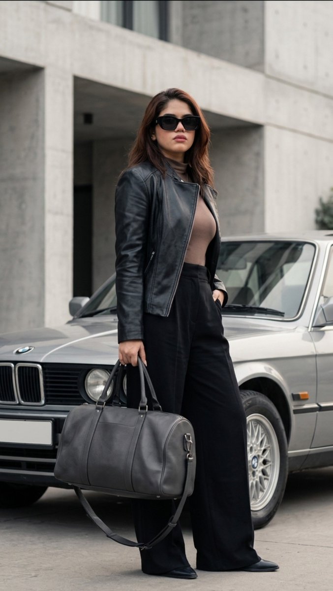 Woman in Black Leather Bomber Poses Beside Vintage BMW