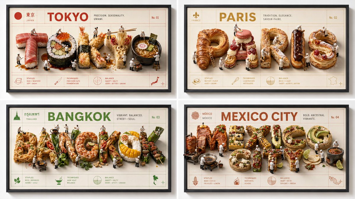 Four famous food cities rendered in a multi-scale poster grid