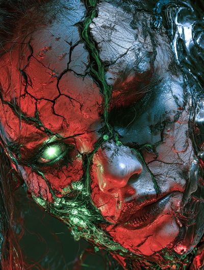 Fractured cyberpunk woman glows with neon circuitry beneath cracked skin