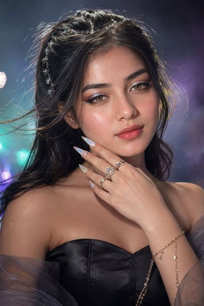 A woman with aurora-inspired makeup gazes softly through hazy light