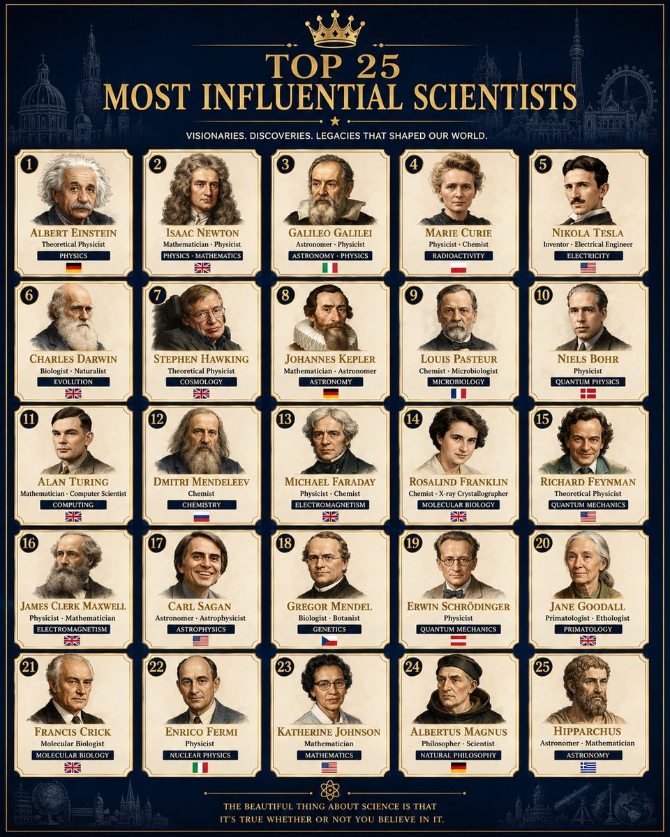 Gold crown tops dark navy poster of 25 influential scientists