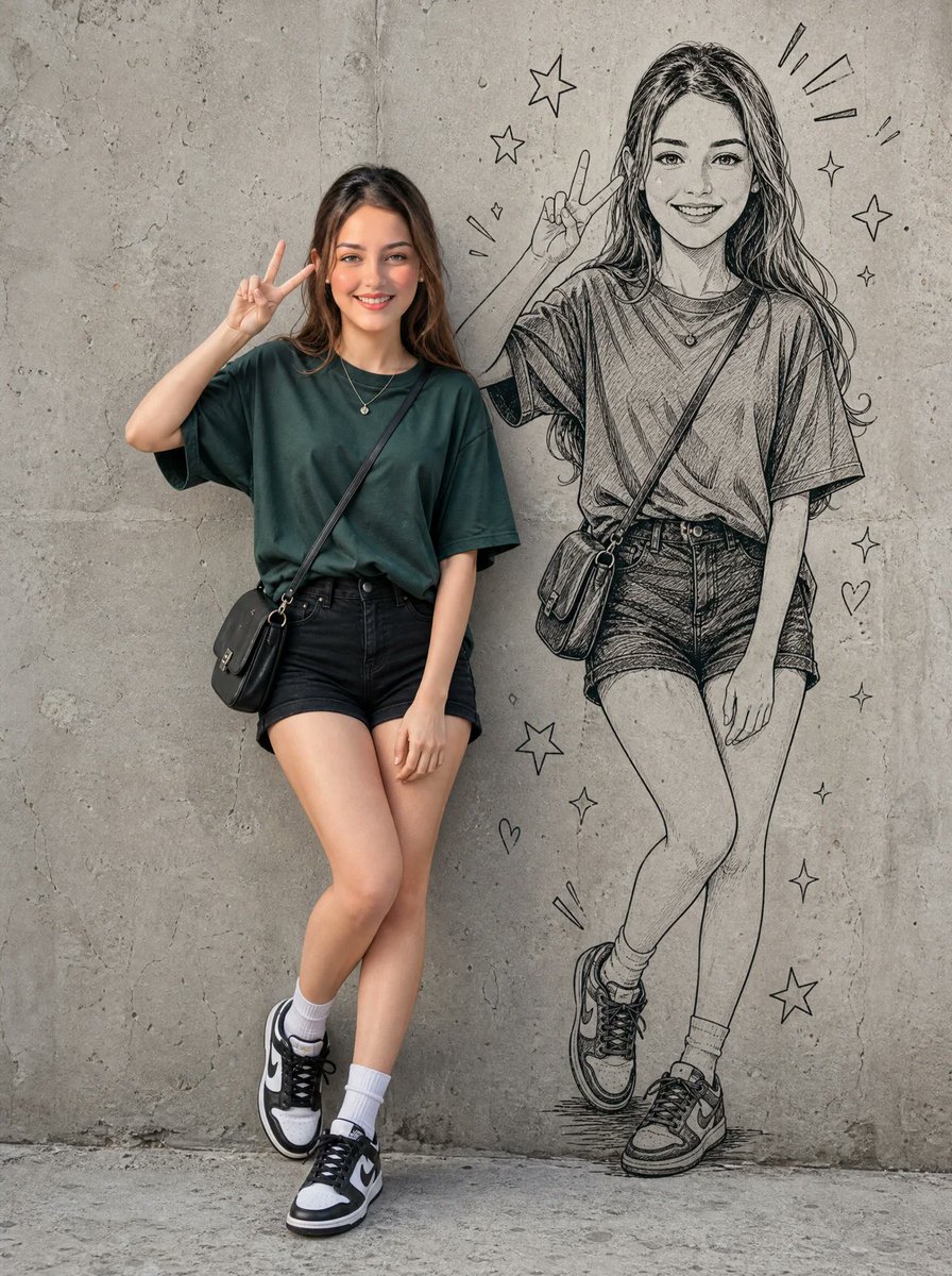Girl with peace sign stands beside her manga twin on concrete wall