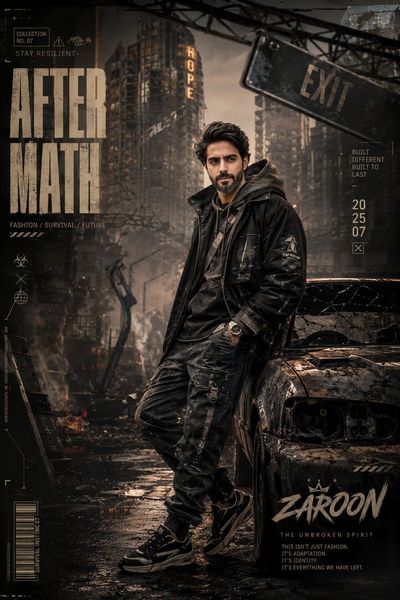A lone model walks through rubble wearing layered streetwear