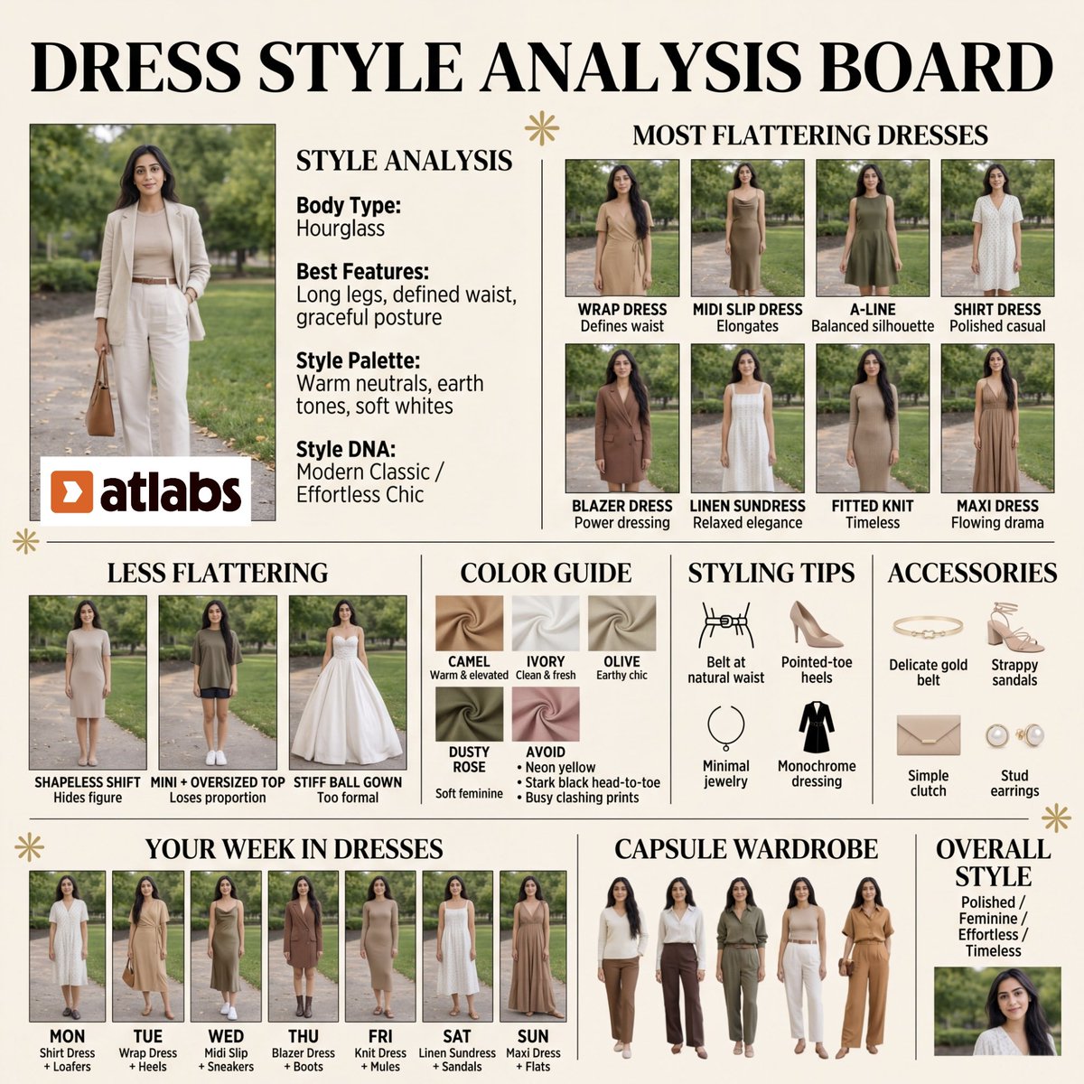 Minimalist fashion mood board analyzes dress styles with warm neutrals
