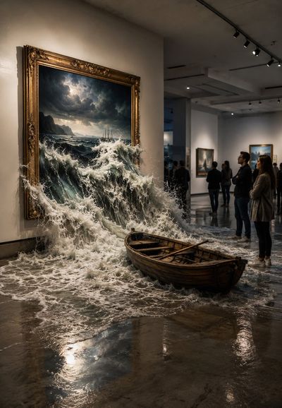 Stormy ocean waves burst from gold frame flooding gallery floor