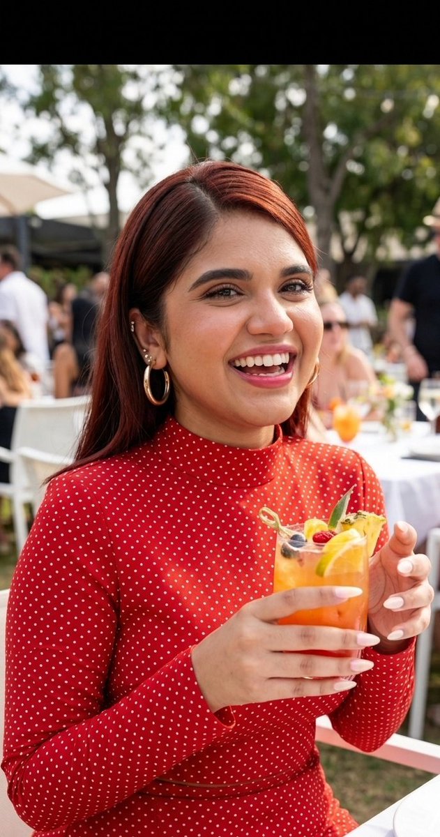 Woman in red polka dot outfit laughs while holding a colorful drink