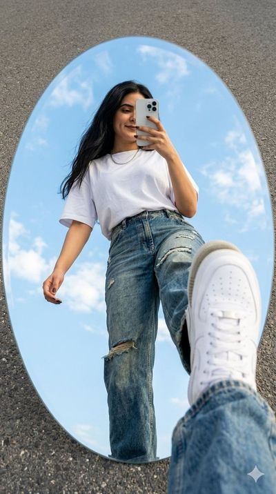 Girl captures mirror selfie with oversized sneaker in foreground