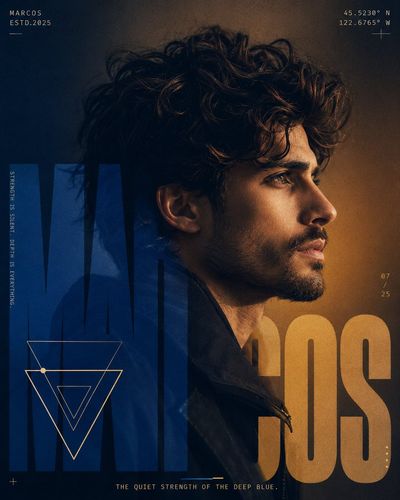 A young man's intense profile emerges from deep blue amber light