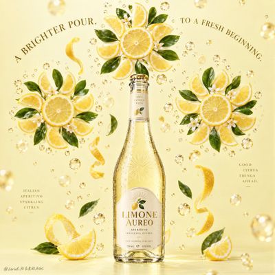 Three citrus rosettes float above a centered bottle in soft light