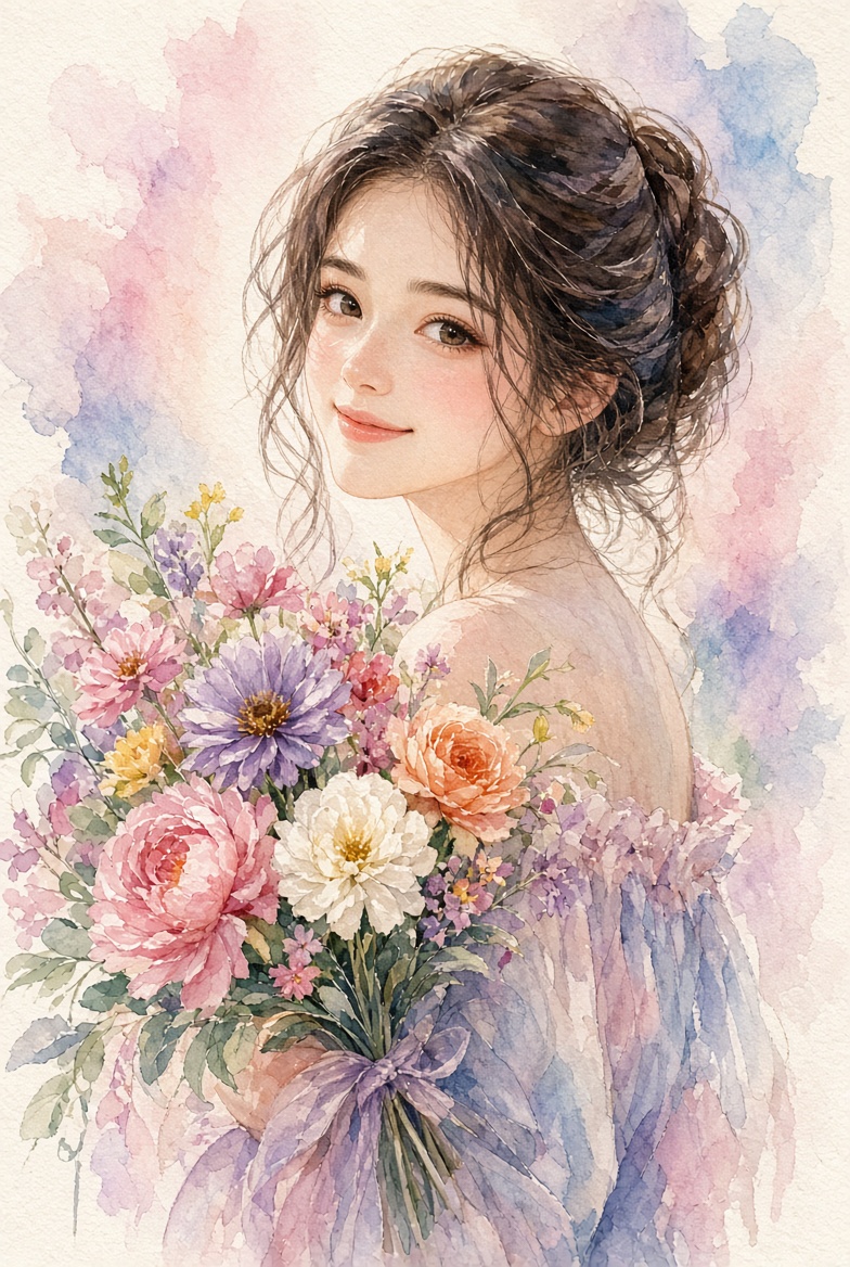 Watercolor portrait of woman with pastel blooms and soft smile