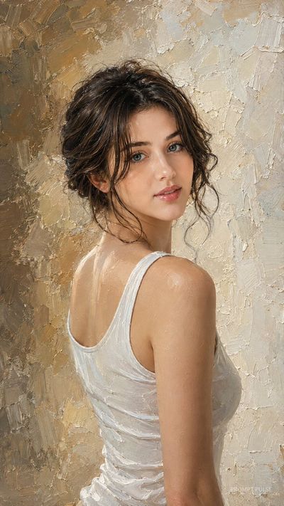 Woman in white tank top glances back with painterly grace