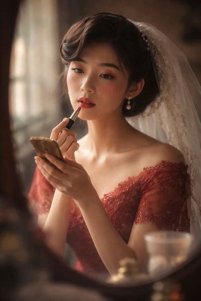 Refined Nostalgia: Vintage Bride’s Quiet Moment in Antique Reflection