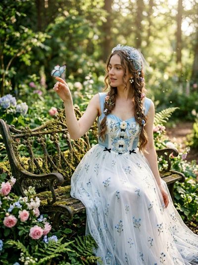 A fairy-tale maiden extends her hand to a blue butterfly.