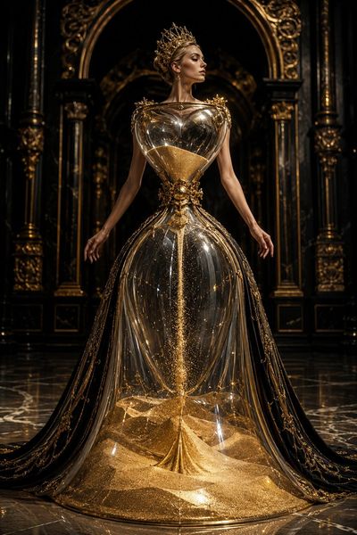 A model wears an hourglass gown with cascading golden sand