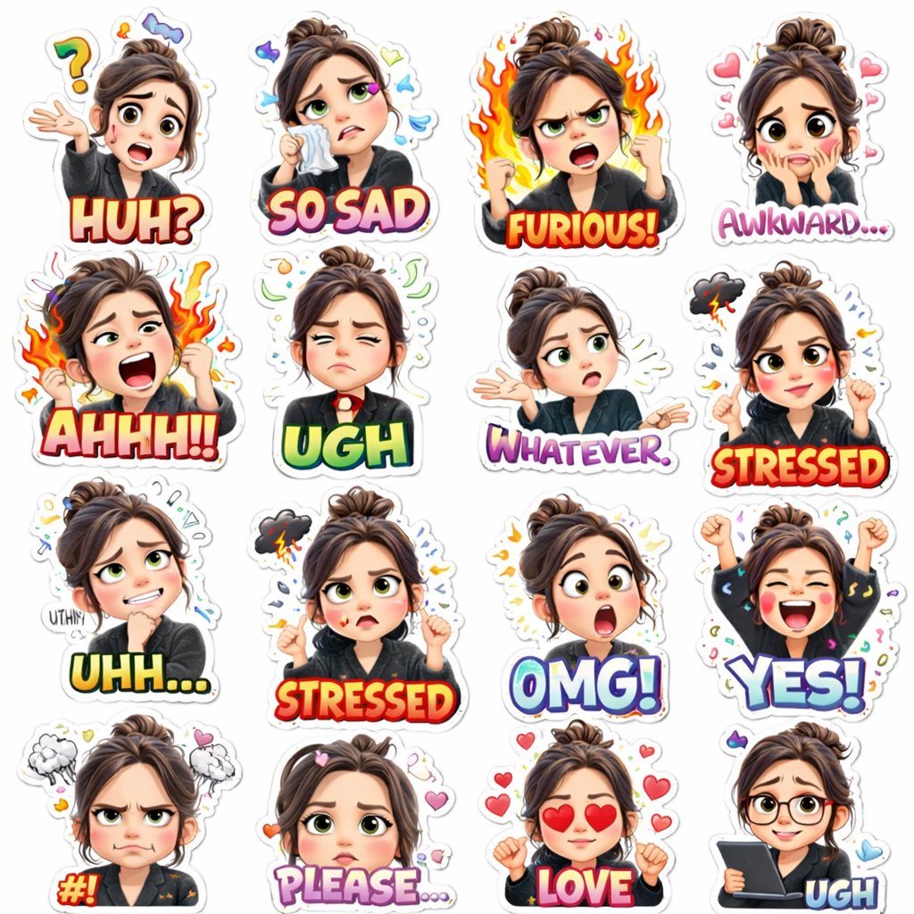 16 Expressions of a Green-Eyed Cartoon Girl
