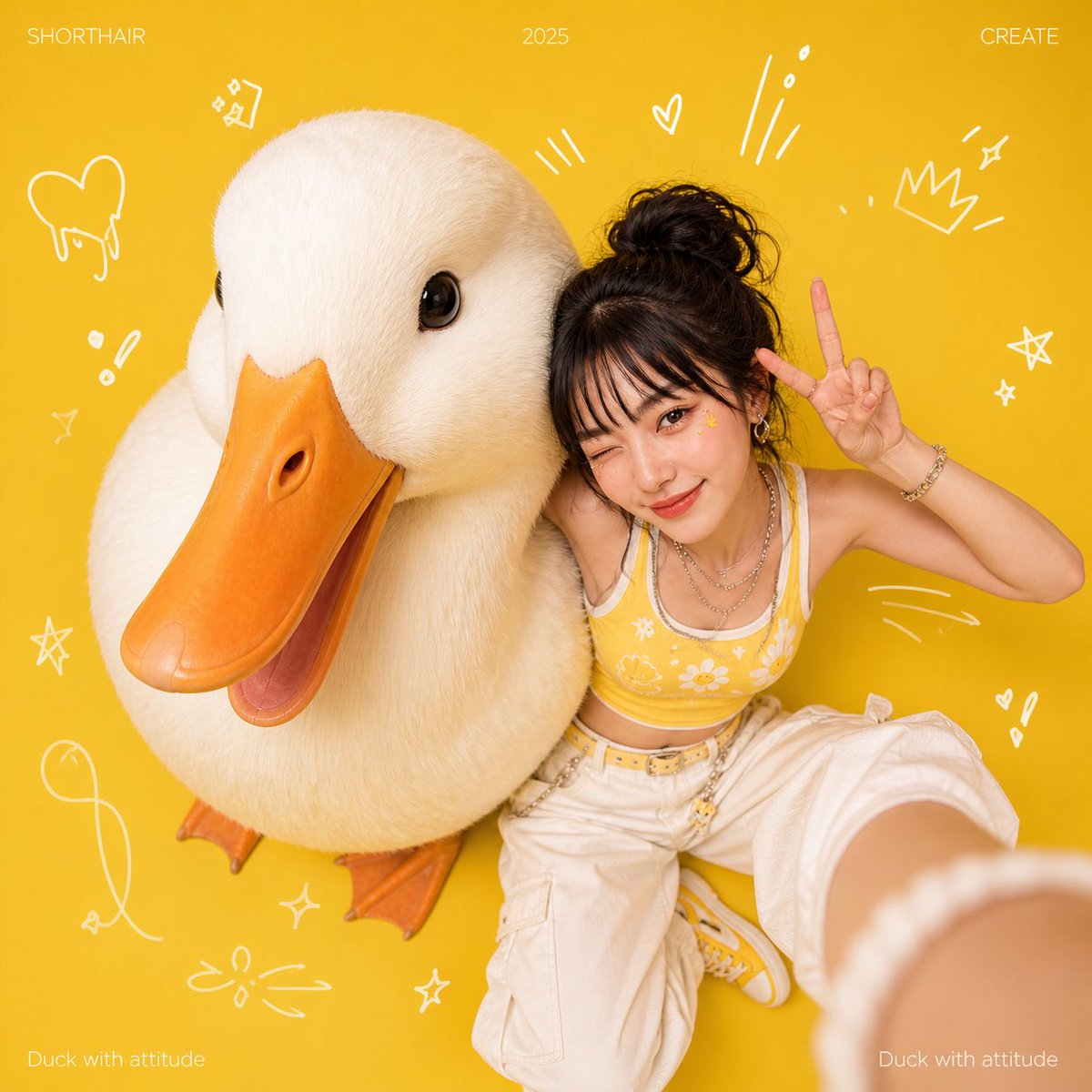Giant Leopard Meets Bright Duck: A Fashionable Selfie