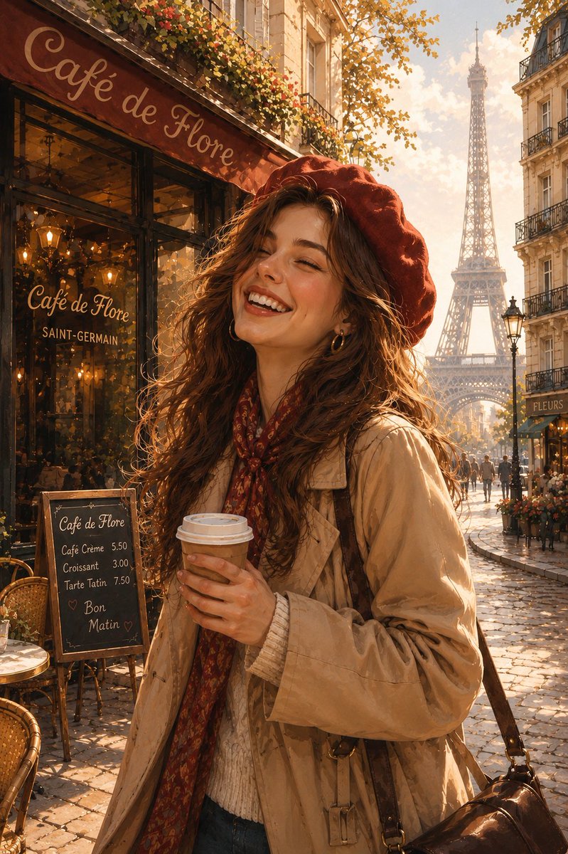 A laughing Parisian woman with a beret holds coffee near a café.