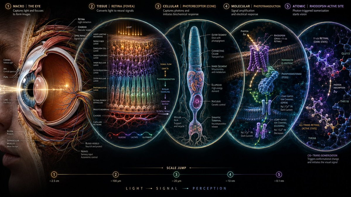 Human eye anatomy transitions from macro to atomic scale in fractal composition