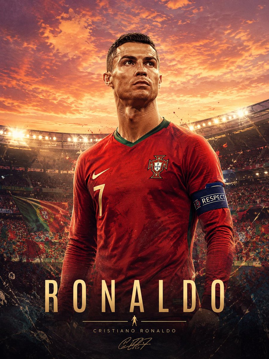 Cristiano Ronaldo stands confident in a golden sunset stadium