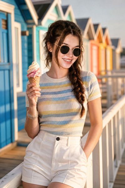 Young woman holds ice cream cone by colorful beach huts in summer