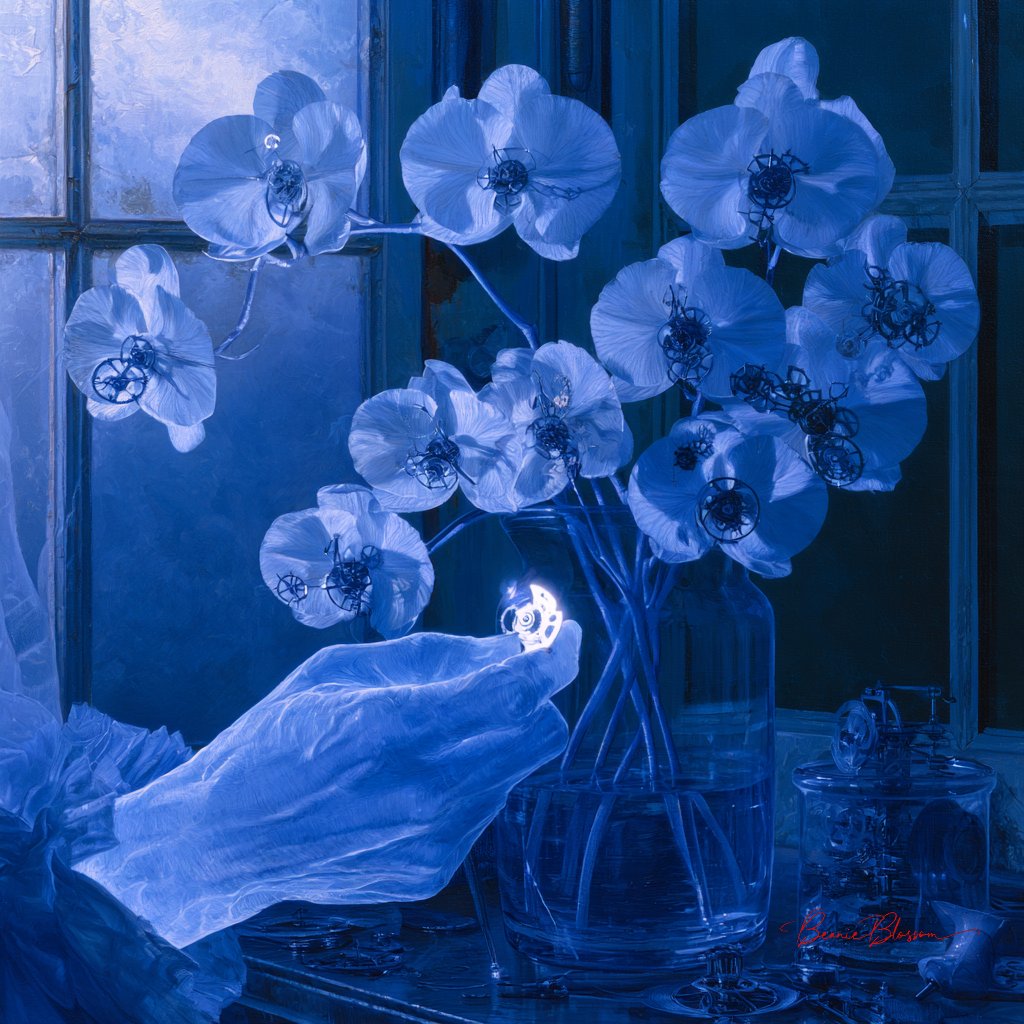 Spectral hand assembles clockwork orchids in cobalt-blue laboratory light