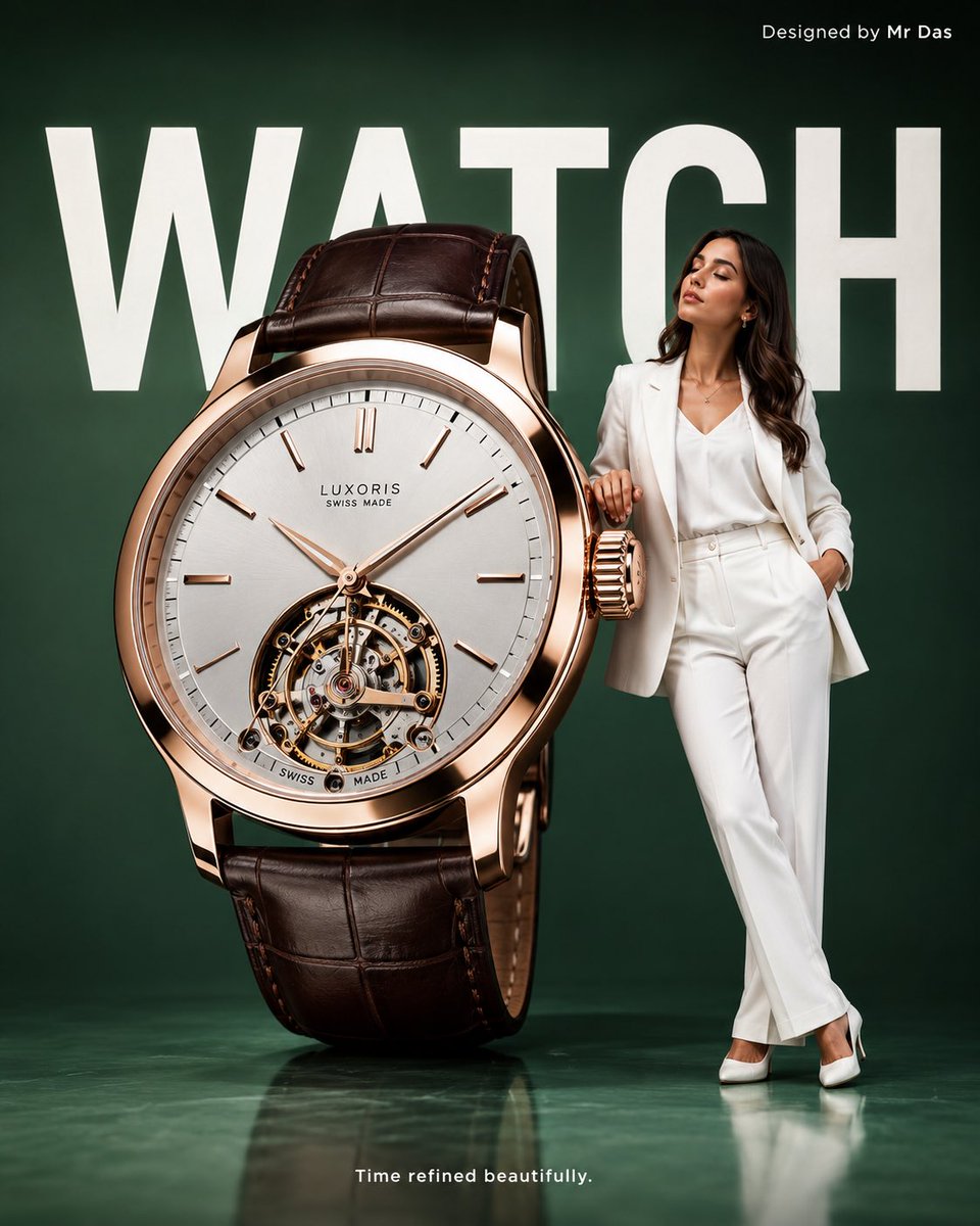 Young woman in white leans against a giant rose-gold watch