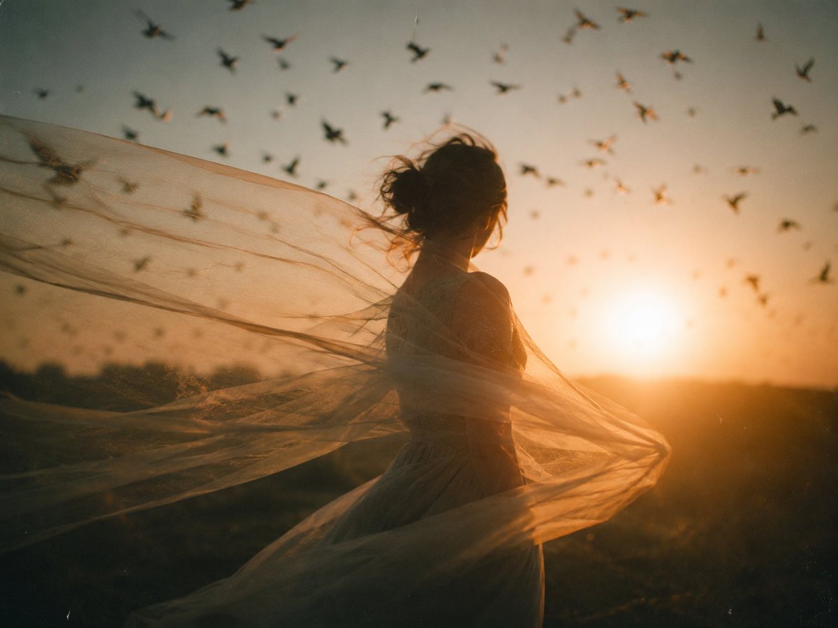 A solitary woman stands in a golden field as birds take flight