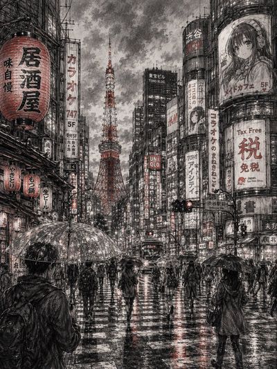 Tokyo's neon streets glisten under rain and dusk lights